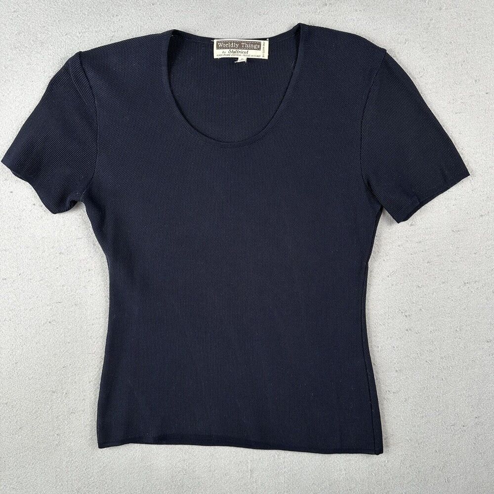 Worldly Things Styltricot Knit Top Women’s 6 Navy Blue‎ Short Sleeve Scoop Neck